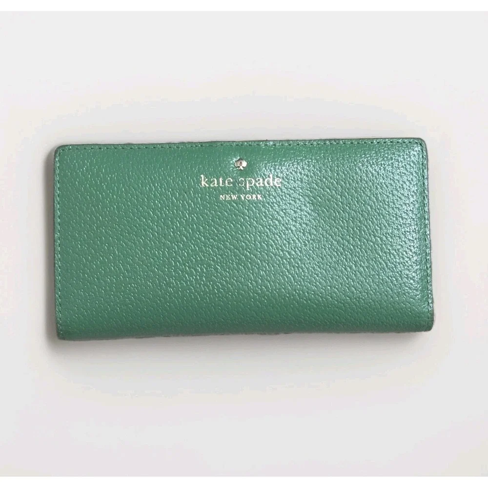 Kate Spade New York Darcy Slim Bifold Wallet Designer Green Leather Snap Zipper